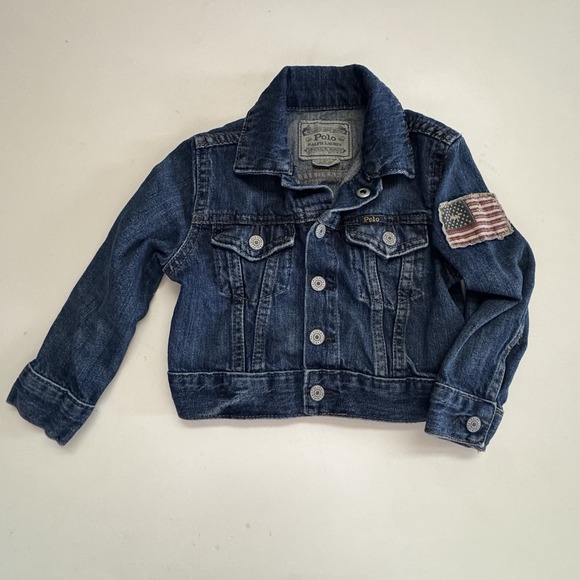 Polo Ralph Lauren Kids Denim Jacket USA Flag Patch Blue Jean Jacket Sz 2T - Picture 1 of 12